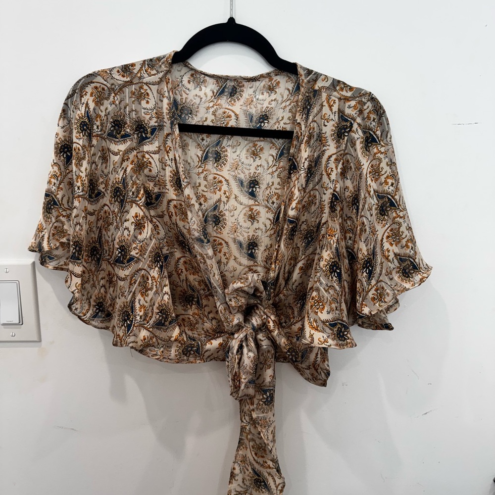 Floral Tie-Front Blouse - Cream and Brown
